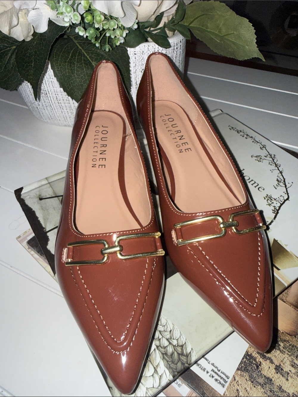 Journee Collection Rust Brown Pointed Toe Kitten Heel Loafer with Gold Buckle - Picture 4 of 8